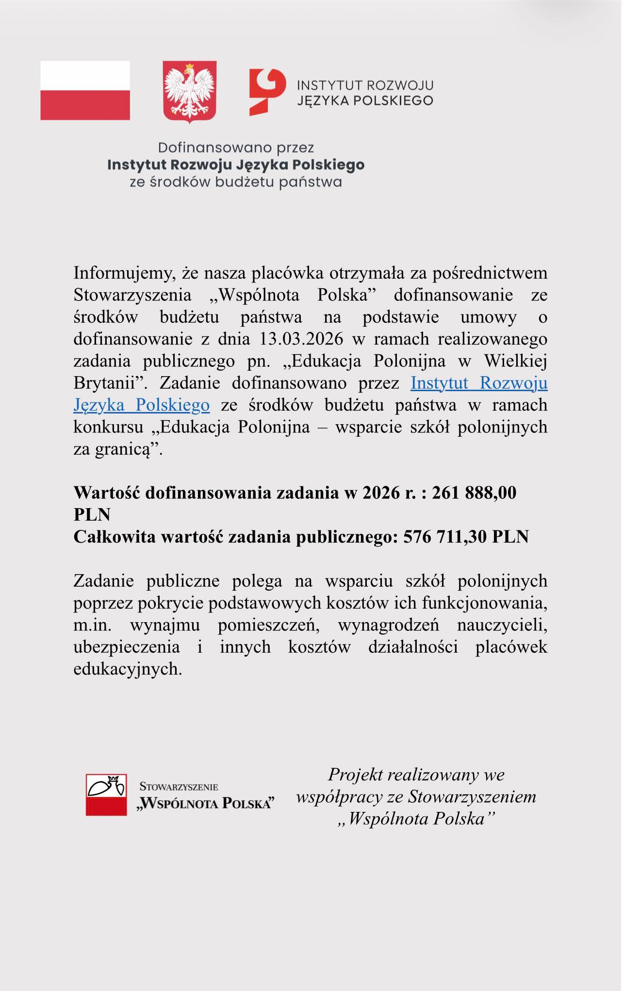 Dofinansowanie Stowarzyszenia „Wspólnota Polska”
